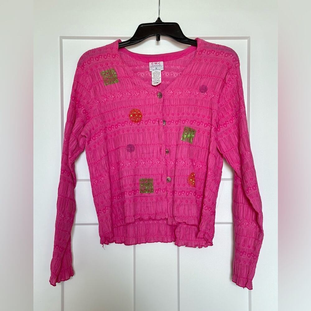 CMC by Color Me Cotton Pink Button Down Rutched Lightweight Blouse Womens Small
